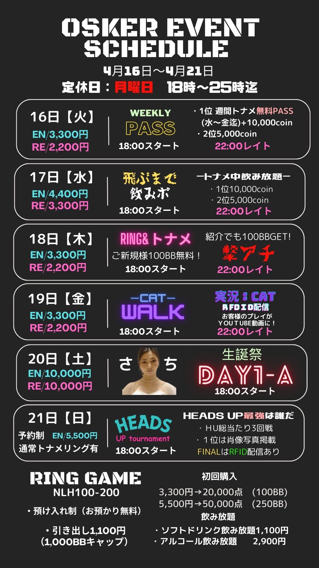 4月の第3週はついに【さち生誕祭2DAY’s】が開幕！DAY1通過は9名から！さちさんの協賛もお見逃しなく！